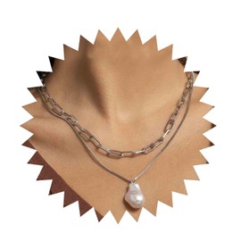 Inilbran Boho Paperclip Chain Necklace Choker Layered Paperclip Link Chain Necklace Vintage Clasp Paperclip Chain Necklace Silver Baroque Pearl Pendant Necklace Jewelry for Women and Girls