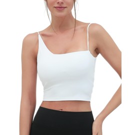 romansong - brasier deportivo de línea larga para mujer, sin espalda, con un hombro, con tiras acolchadas, para entrenamiento, sexy, espalda en U, bonito brasier de yoga, Blanco, S
