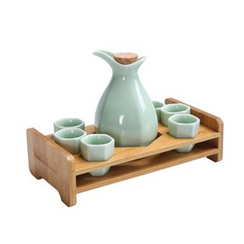 Handmade Japanese Sake Set, 6 Cups & 1 Bottle, Green, Simple Packaging, Environment-Friendly