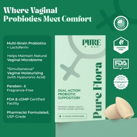 PURE WOMAN Pure Flora Vaginal Probiotic Suppository - 4 Strain Lactobacillus + Lactoferrin + USP Hyaluronic Acid - Promotes Healthy Vaginal Microbiome, Odor, BV, pH Balance, & Dryness Relief -10 Count