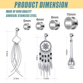 BodyAce Pack of 6 Surgical Steel Dangle Plugs Ear Stretching Kit, Vintage Bohemian Phimosis Ear Tunnel Gauges, Foreskin Stretching Tunnel Plugs for Women, Stainless Steel, Other