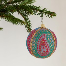 Ragini Handmade Fabric Bauble | 8cm Purple with Pink and Teal Paisley Pattern | Unique Christmas Ornament | Eco-Friendly Décor | Sustainable Elegant Tree Decoration
