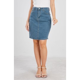 chouyatou Women's Basic Five-Pocket Rugged Wear Denim Skirt with Slit (XX-Large, Light Blue)