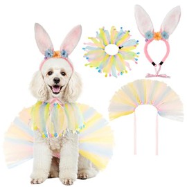 LyssKMK Easter Dog Costume Set Dog Puppy Rabbit Ear Headband Headwear with Flowers & Egg Dog Easter Collar with Easter Egg Charm Pet Tutu Skirt Easter Outfits for Dogs