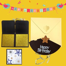 Happy Birthday Pop Up Card for Women Men Funny Birthday 3D Greeting Box Card with Envelopes，Note Tag and Birthday Party Hat(Golden)
