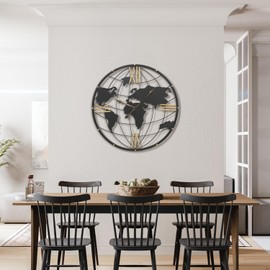 Micasso Large World Map Wall Clock, Metal Minimalist Modern Silent Clock for Wall with Vintage Gold Roman for Office,Living Room,Kitchen,Dining Room.