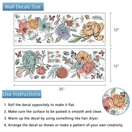Yovkky Boho Vintage Flower Wall Decals Stickers, Bohemian Retro Floral Peony Rose Lily Home Bedroom Decor, Wildflower Leaves Butterfly Living Room Kitchen Decorations Art