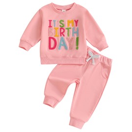 MAHUAOYIXI Baby Girl 2Pcs Birthday Outfits Long Sleeve Letter Embroidery Crew Neck Tops Sweatshirts + Pants Set Toddler Girls Clothes Birthday Clothing Set (Pink, 4-5 Years)