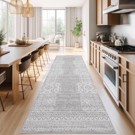 jinchan Runner Rug 3x12 Vintage Hallway Kitchen Runner Ultra-Thin Washable Boho Geometric Rug Non-Slip Non-Shedding Carpet for Bedroom Living Room Stairway Grey Ivory