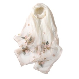 Jeelow Silk Wool Blend Embroidered Floral Scarf Shawl Wrap for Women with Pearls Lightweight Long Wedding Pashmina Gift Fashion (Fleur Ivory)