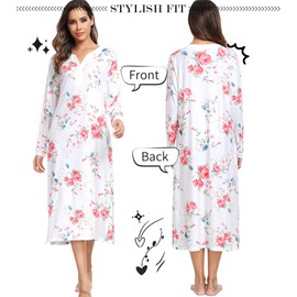 Vlazom Women's Long Nightgown Soft Baggy Nightdress Plus Size Nightshirt V Neck Sleep Dress Sleepwear Loungewear with Pockets, B-Floral White, XXL