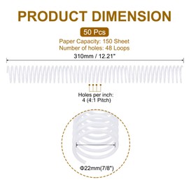 PATIKIL 50 Pack Plastic Spiral Binding Coils, 22mm(7/8") Binding Coils 150 Sheet Capacity Spiral Binder Rings 4:1 Pitch for Office Classroom, White