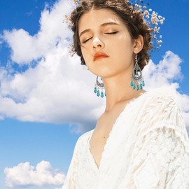 6 Pairs Bohemian Turquoise Dangle Earrings for Women Antique Silver Teardrop Tassel Long Earrings Boho Vintage Jewelry Set