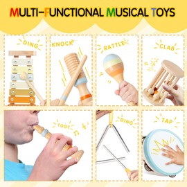 Baby Musical Instruments, Montessori Wooden Toys for Toddlers, Premium Wooden Musical Instrument Set for Kids Preschool Educational, Fun Musical Instruments for Children