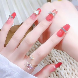 Medium Press on Nails Coffin Fake Nails rose red False Nails with Rhinestones Heart Bow Designs Acrylic Nails Full Cover Manicure Glossy Stick on Nails for Women Nail Decorations 24Pcs