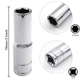 Juttzzei 6-Point Deep Socket, 1/2 Inch Drive 13mm Socket, Full Polishing CR-V Steel 13mm Socket 1/2 Drive with 78mm Length 6-Point Metric Sizes foe Car Home Repair Mechanical Maintenance - Silver