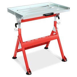 Auto Dynasty Welding Table Foldable with Carbon Steel Portable Work Bench Adjustable Angle Height 2 Fixed Wheels Max Capacity Load 400 lbs, 30" x 20", Red