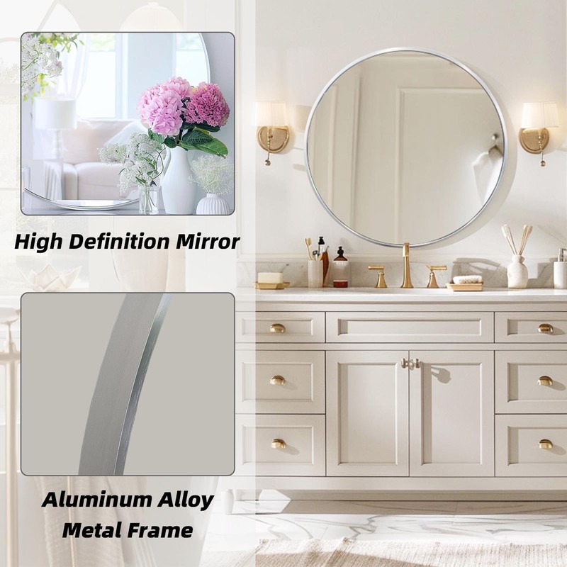 Mfring Round Silver Mirror, 30 Inch Circle Silver Mirror, Metal
