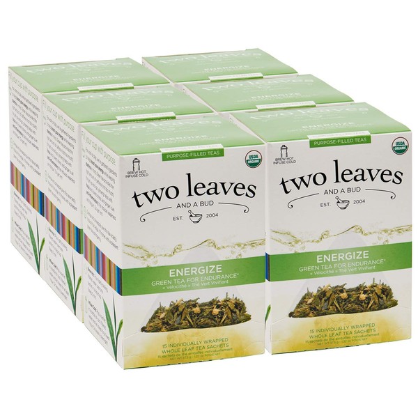 Two Leaves and a Bud Organic Energize Tea Bags, Green Tea for Endurance, Whole Leaf Green Tea in Sachets, 15 Count (Pack of 6)