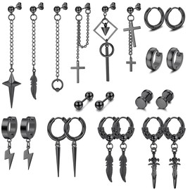 Kakonia 22Pcs Dangle Earrings for Men Stainless Steel Hinged Hoop Earrings Long Chain Stud Cross Dangle Earrings Set Kpop Earrings for Mens Black, Silver and Gold