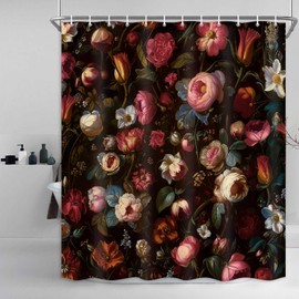 SAOLUIS Vintage Floral Shower Curtain, Black Floral Boho Shower Curtain Watercolor Flower Bathroom Curtains, Waterproof Botanical Shower Curtain with Hooks 72X72 Inch