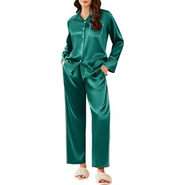 Ekouaer Silk Pajamas for Women Satin Pajama Sets Button Down Lounge Sets Silky Pajama Long Pants Sleepwear with Pockets Blue
