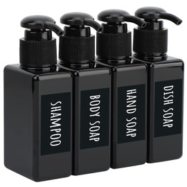 Segbeauty Dispensador de ducha cuadrado de plástico negro, 4 botellas vacías de jabón de manos de 3.4 onzas con etiqueta, bomba de prensa recargable de 100 ml, dispensador de loción portátil, contenedor líquido para viajes, baño, hotel, cocina