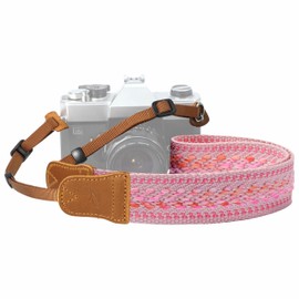 Padwa Lifestyle Speed Pink Camera Strap - 1.5" Soft Cotton Rope Weave Crazy Horse Cowhide Head Camera Straps for Photographers and All Cameras,Cute Adjustable Vintage Woven Strap for Adults & Kids