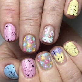 Press on Nails Square Short 24Pcs Glossy Full Cover Acrylic Easter False Nails with Rabbit Flower Chick Designs Artificial Extra Short Square Fake Nails with Glue Stick on Fingernails for Women Girls