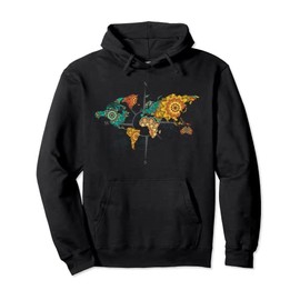 Mountains Scene and Compass Rose World Map Mandala Pullover Hoodie