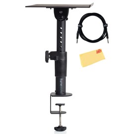 Gator Frameworks Desktop Clamp-On Studio Monitor Stand with Adjustable Height - Bundle with 10ft Instrument Cable and Austin Bazaar Polishing Cloth