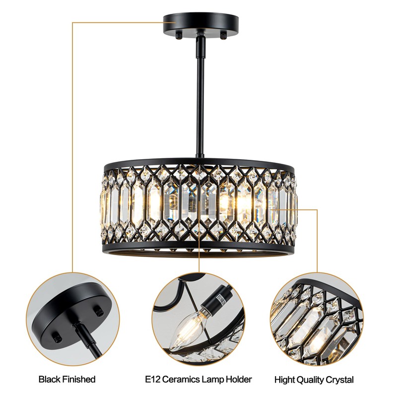 Zlepmlla Crystal Black Ceiling Light, Modern Light Fixture Ceiling, Chandelier