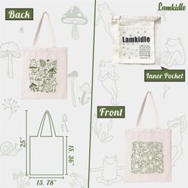 Lamkidle Aesthetic Mushroom Tote Bag Cute Frog Funny Tote Bag Cotton Canvas Tote Bag for Women Gift Reusable Grocery Bag Shopping Beach Shoulder Bag