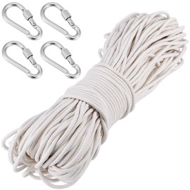 ZEONHAK 1/4 Inch x 328 Feet Natural Cotton Rope, White Craft Clothesline Cord with 4 Carabiners, Wall Hanging Rope Craft Knitting Thread String for Clothes Hanger Garden Flower Plant DIY Decoration