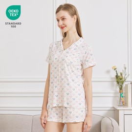 netdraw Women's Bamboo Viscose Pajama Sets Button Down Ultra Soft Comfy Cooling Lounge Sleepwear Pjs, Hearts Print, Large