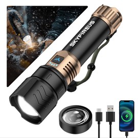 SKYFIRE LED Flashlights High Lumens with Ignition Lens,2000lm Super Bright Rechargeable Flashlight, Zoomable,Four Modes,Waterproof Tactical Flash Light for Camping Essentials,Outdoor and Home,Gift