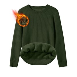 heekpek Women's Jumpers Long Sleeve Tops Ladies Cosy Sweaters Winter Warm Fleece Lining Striped Jumper Crewneck Ribbed Knit Pullover, Army Green, L