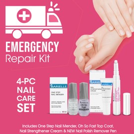 Barielle Emergency Repair Kit 4-PC Set - Nail Repair & Restore Kit includes Nail Strengthener Cream, Nail Mender, Oh So Fast Top Coat & Nail Polish Remover Pen