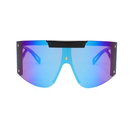 FEISEDY Gafas de sol de gran tamaño B4027 de una pieza para hombres y mujeres, ciclismo, conducción, vacaciones, Marco negro y lente de espejo azul, 75mm