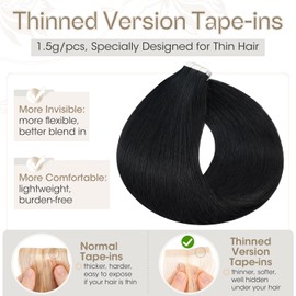 Elailite Tape in Hair Extensions Human Hair Real Human Hair 10 Pcs Invisible Thin Type - Seamless Skin Weft Remy Hair Extension (#1 Jet Black, 14 Inch-10g)