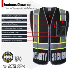 HATAUNKI Security Vest for Men Women Reflective Safety Vest with 5 Pockets and Front Zipper Mesh High Visibility Vest Meets ANSI/ISEA 107-2015 Standards (2/Black-22, M)