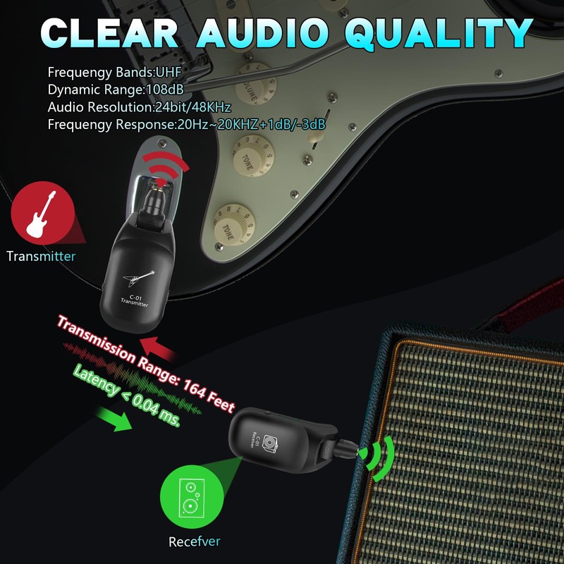 C01 UHF Wireless Guitar System (Transmitter & Receiver) - Rechargeable,