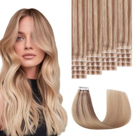 Sweetmet Invisible Tape in Hair Extensions Real Human Hair 3rd-Generation #10/27/27 Ash Brown to Caramel Blonde 22inch 20pcs 50g Insert Hand-Tied Invisi Edge Tape ins Extensions（#10/27/27-22inch）