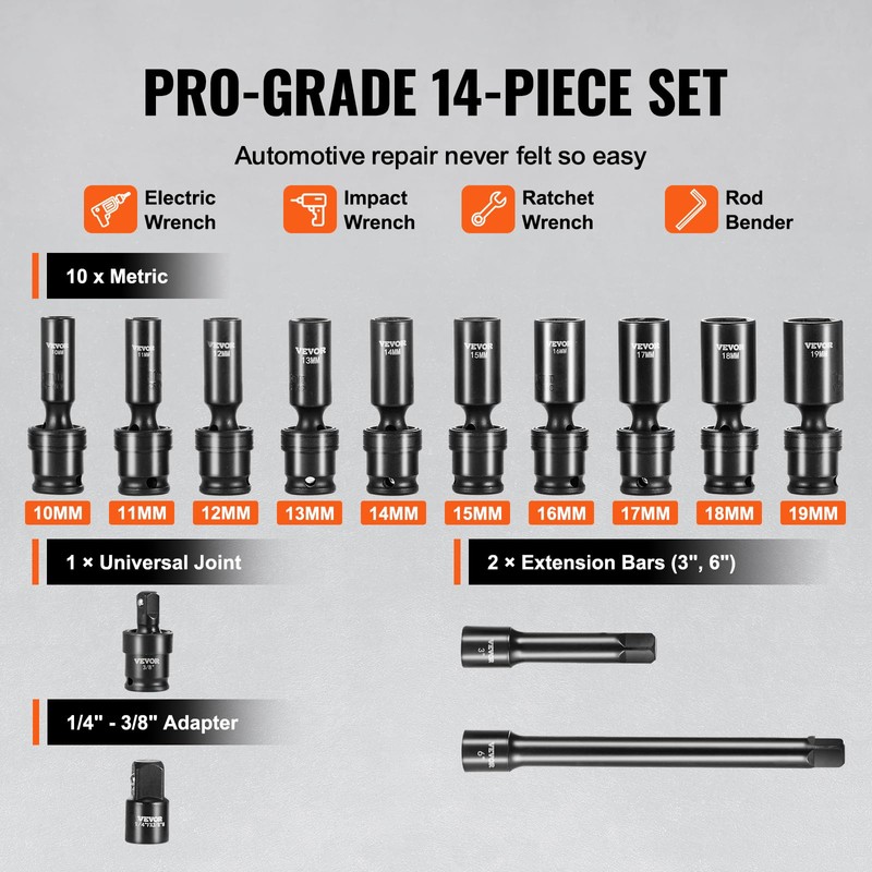 VEVOR 14PCS Universal Impact Socket Set - 3/8" Drive Deep