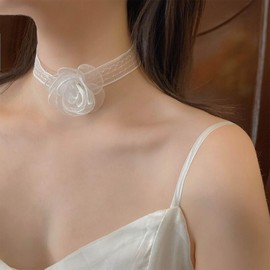 Dervivea Lace Flower Choker Necklace White Flower Wrap Necklace Lace Tattoo Collar Necklace Camellia Lace Choker Necklace Jewellery For Women, Zinc, No Gemstone