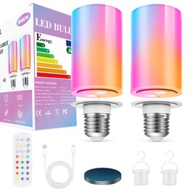 Caupel 10000mAh Rechargeable Led Corn Light Bulb,Battery Operated Light Bulb with Remote Control, E26, 60W Equivalent, 800Lum, 3 Color Temperatures, 12 RGB, Emergency Lamp, 2PC