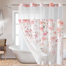 Pink Floral Hookless Shower Curtain with Snap in Liner Watercolor Flower Cherry Blossom Shower Curtain No Hooks for Bathroom, Modern Hotel See Through Bathroom Decor 71W x 74L Inch