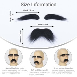 Miss U Hair Self Adhesive Black Fake Mustache and Eyebrows – 2 Sets Stick On Beard False Facial Hair Costume Accessory for Men