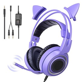 Cat Ears Headphone for Girls, Cute Gaming Headset with Removable Cat Ears, Over-Ear Earphones with Microphone, Inline Control, 3.5mm Plug for one, for Switch, PC, Laptop, Tablet, Phone (Purple)