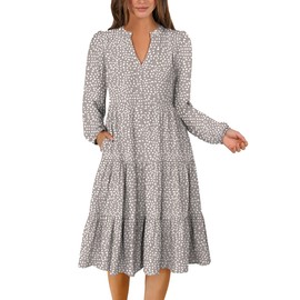 ANRABESS Long Sleeve Midi Dresses for Women V Neck 2025 Fall Fashion Casual Loose Fit Flowy Swing Tiered Vacation Boho Dress Khaki Polka Dot Medium